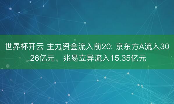 世界杯开云 主力资金流入前20: 京东方A流入30.26亿元、兆易立异流入15.35亿元